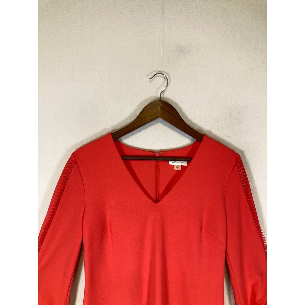 Sophisticated Calvin Klein Women 10 Red Bell Sleeve Lace Trim Sheath Dress‎ NEW - Picture 9 of 10